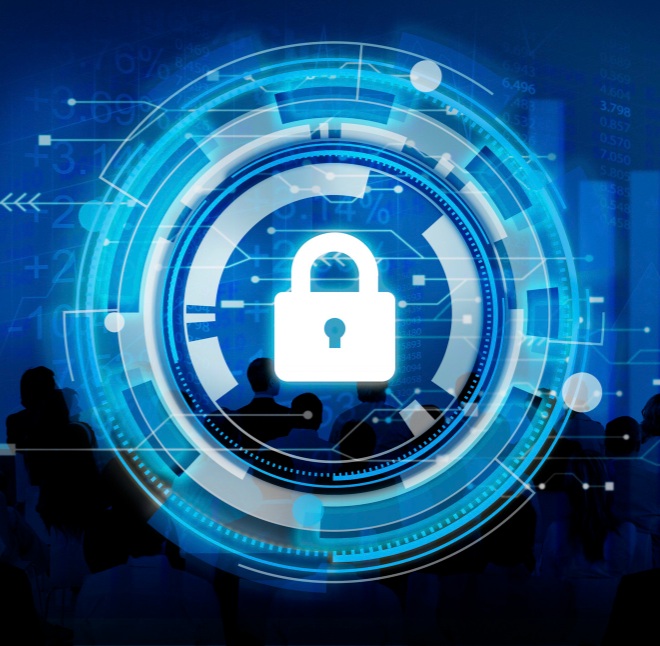 A digital depiction of a padlock in front of a matrix of binary code